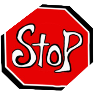red hexagon with artistic text saying stop in white with a black border, the hexagon has a white border with some black